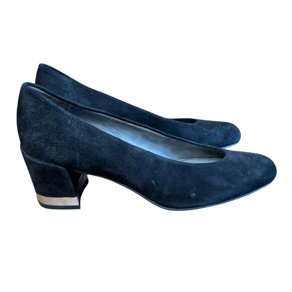 Stuart Weitzman Laney Suede Pumps Block Heel withGold Accent in Black NWOB Size - Picture 4 of 10